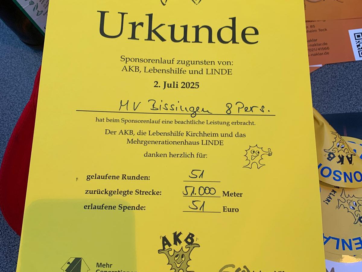 Urkunde: MV Bissingen, 8 Personen, 51 Runden, 51.000 Meter, 51 Euro