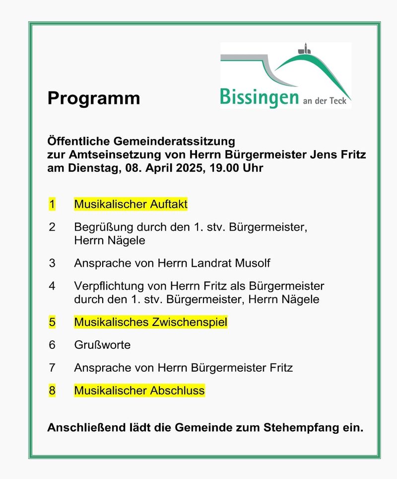 Programm der öffentlichen Gemeinderatssitzung zur Amtseinsetzung von Bürgermeister Jens Fritz