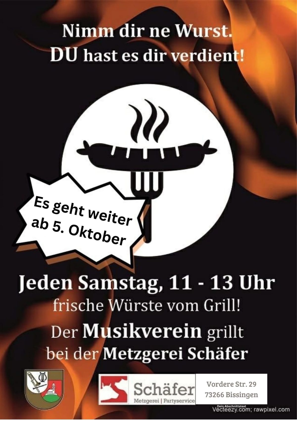 Plakat zur Grillaktion: „Es geht weiter ab 5. Oktober“