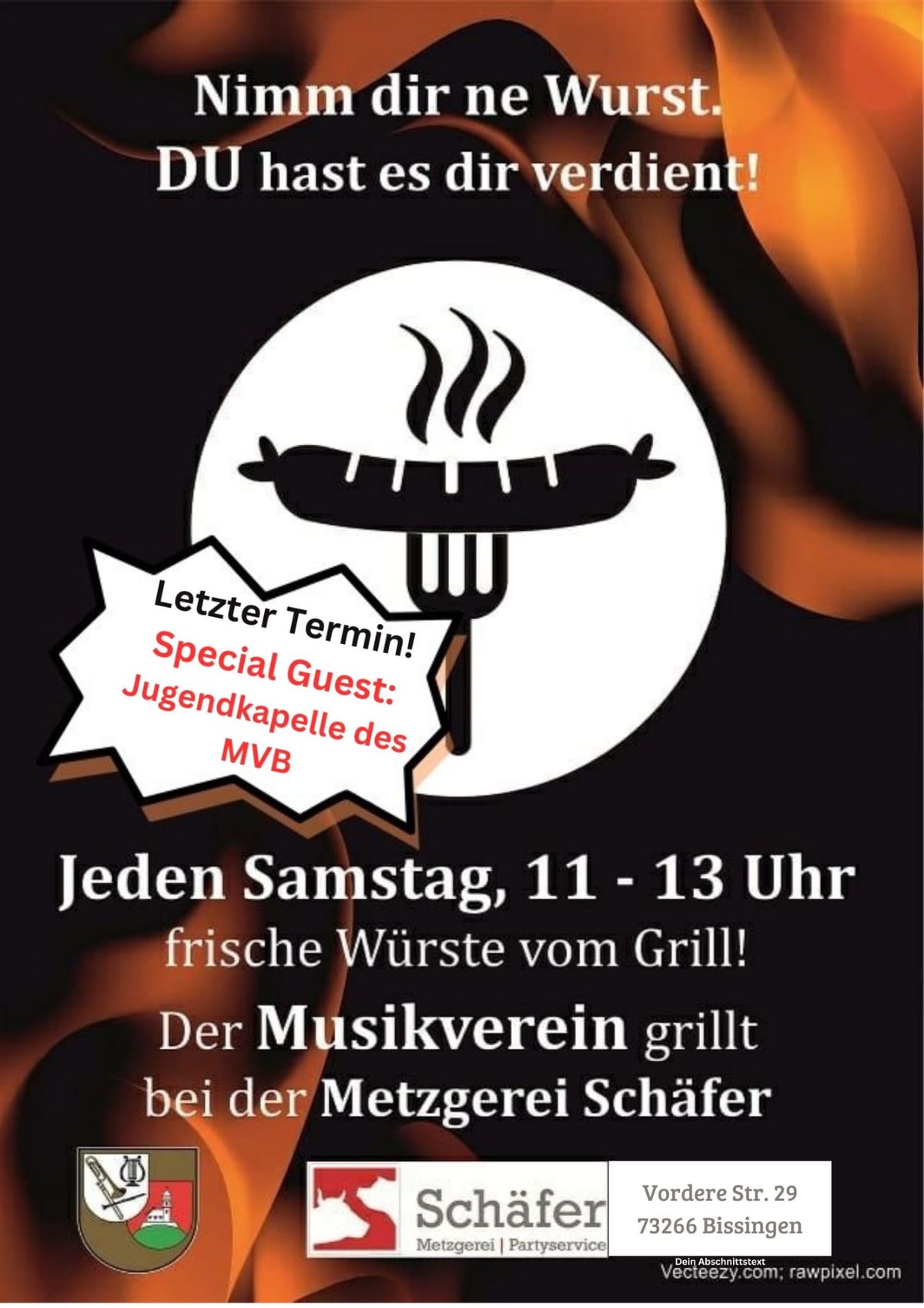 Plakat zur Grillaktion: „Letzter Termin! Special Guest: Jugendkapelle des MVB“