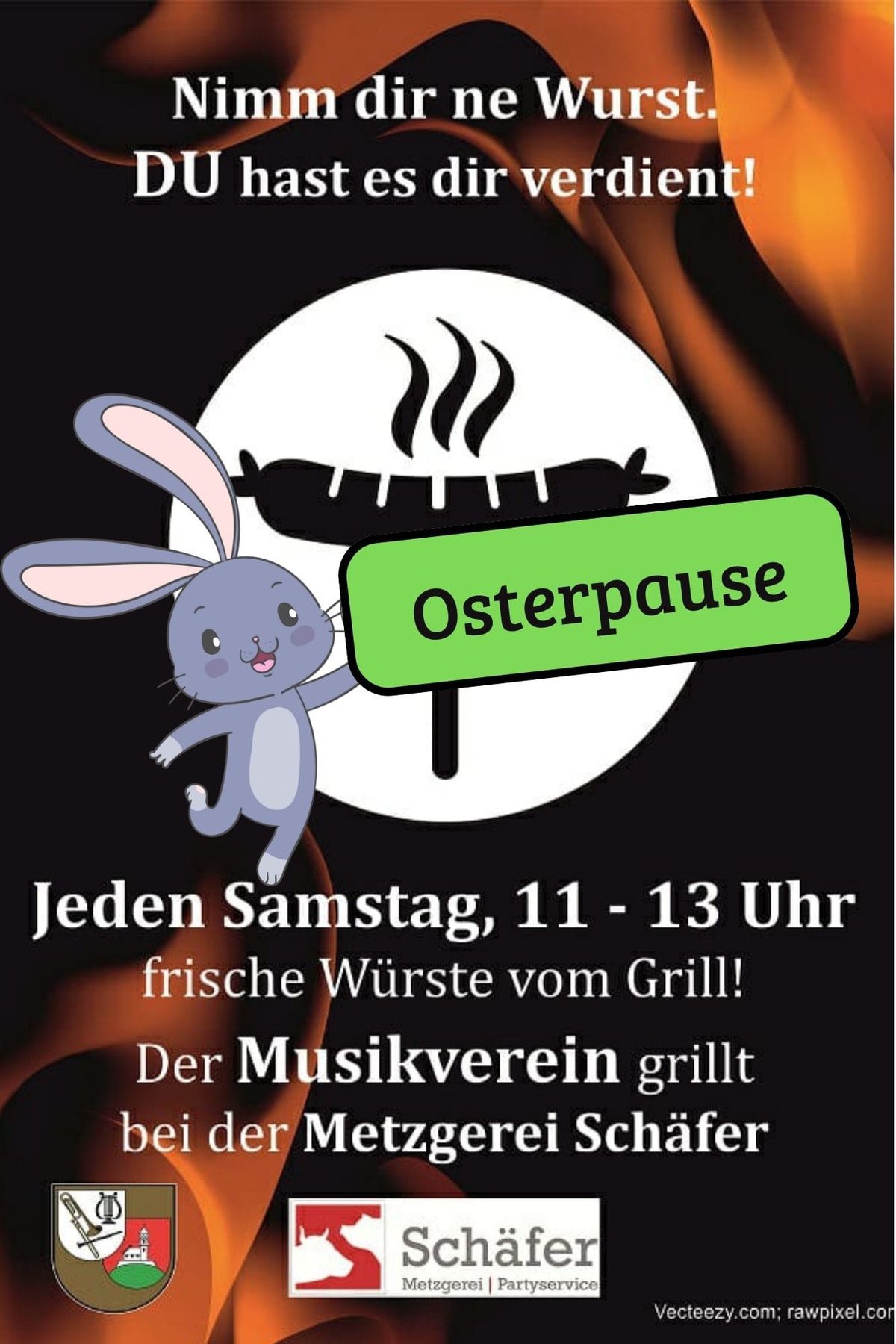 Plakat: Der Musikverein grillt bei der Metzgerei Schäfer – mit einem Osterhasen und dem Hinweis „Osterpause“