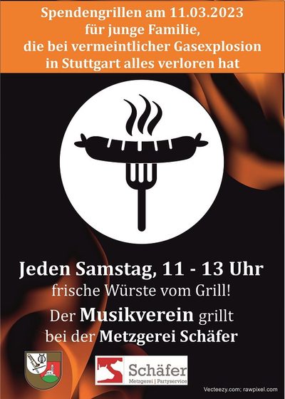 Plakat: Spendengrillen am 11. März 2023, jeden Samstag 11 bis 13 Uhr frische Würste vom Grill bei der Metzgerei Schäfer