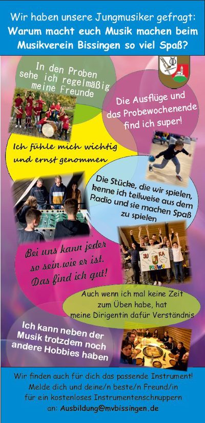 Flyer der Jugendkapelle mit Zitaten der Jungmusikerinnen und Jungmusiker
