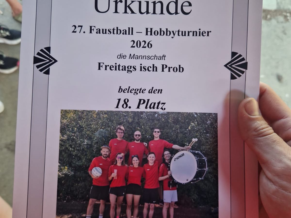 Urkunde vom 27. Faustball-Hobbyturnier 2026: Die Mannschaft „Freitags isch Prob“ belegte den 18. Platz