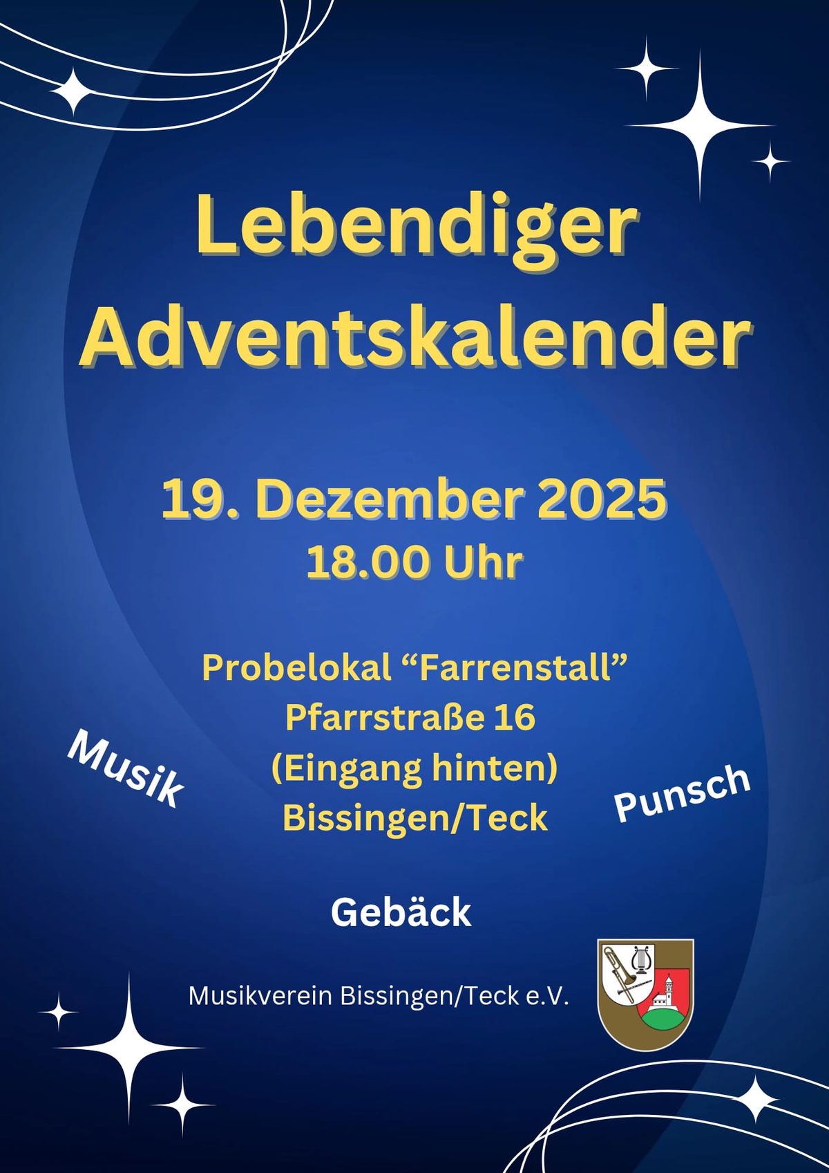 Plakat: Lebendiger Adventskalender am 19. Dezember 2025 um 18 Uhr im Probelokal „Farrenstall“ – Musik, Punsch, Gebäck