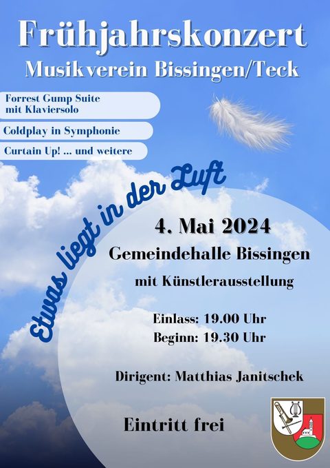 Plakat zum Frühjahrskonzert 2024 „Etwas liegt in der Luft“ am 4. Mai 2024 in der Gemeindehalle