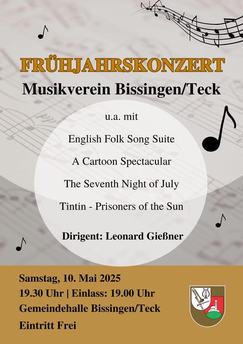 Plakat zum Frühjahrskonzert am Samstag, 10. Mai 2025, in der Gemeindehalle Bissingen
