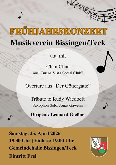 Plakat zum Frühjahrskonzert am Samstag, 25. April 2026, in der Gemeindehalle Bissingen